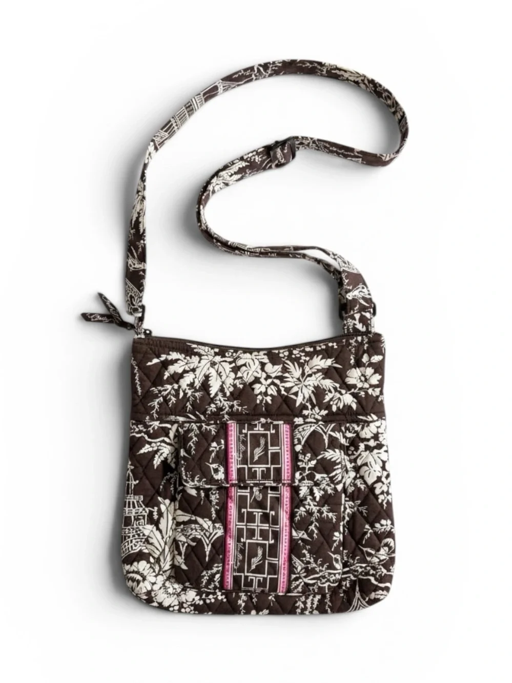 Vera Bradley Quilted Crossbody Bag Adjustable Shoulder Purse Brown Floral Print